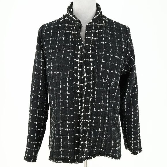 Chicos Jacket 1 Womens 8 Medium Black White Plaid Tweed Blazer Front Pockets - Picture 13 of 16